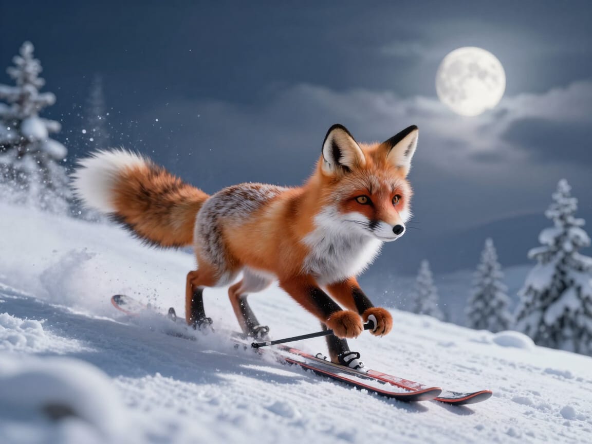 a little fox racing downhill on ski