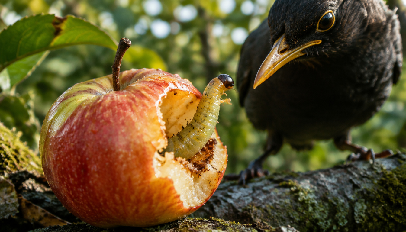 a caterpillar in an apple watched by a hungry blackbird