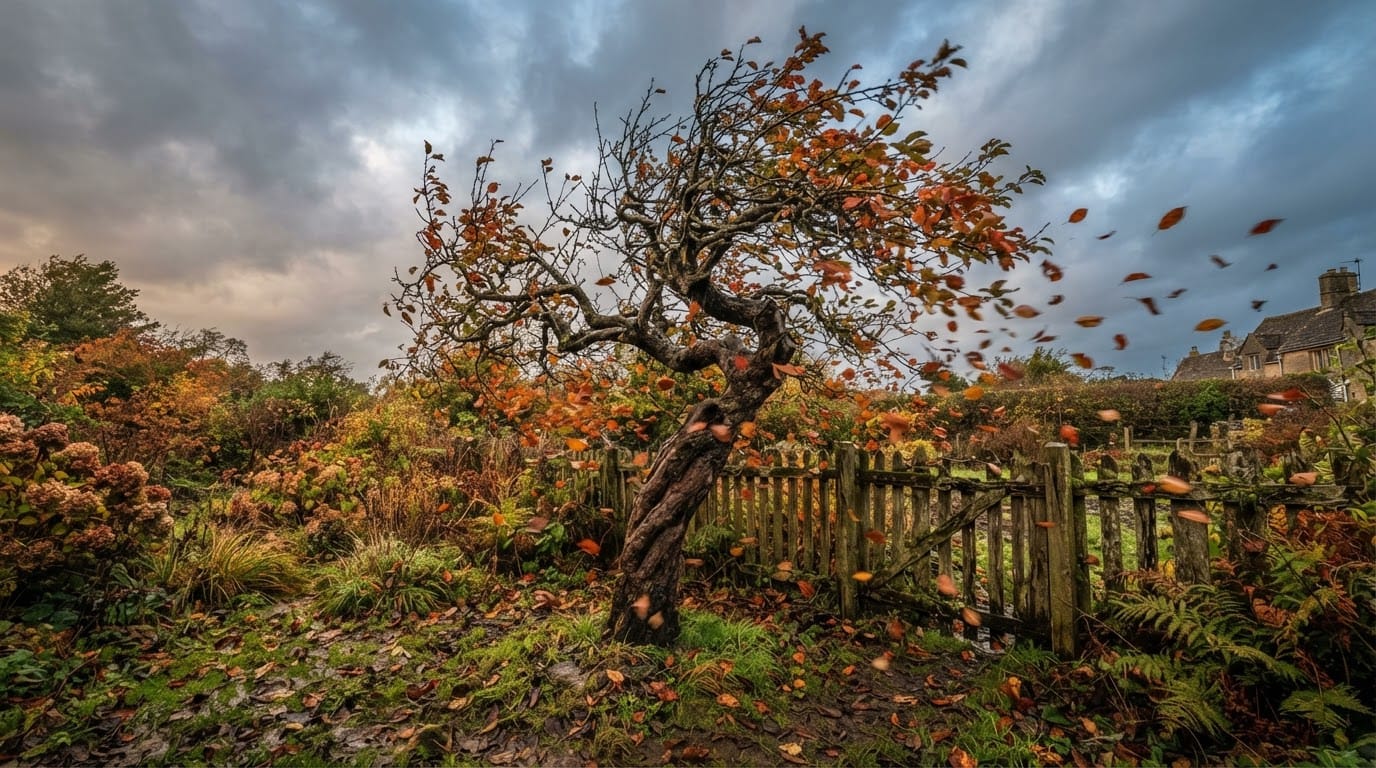 autumnal scene with a windswept appletree