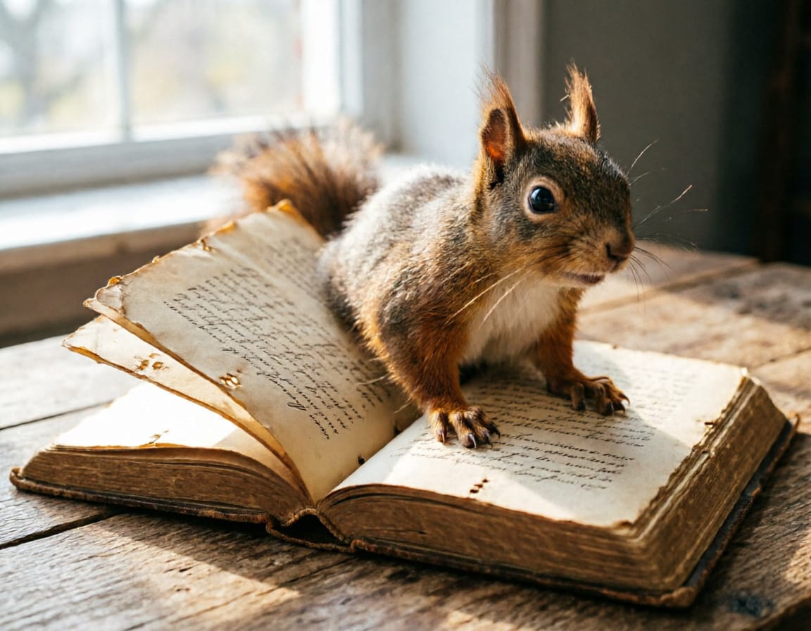 a squirrel on an old book