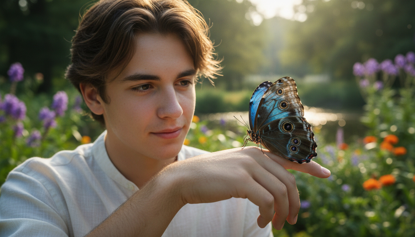 a butterfly sitting on the finger of a teenage boy