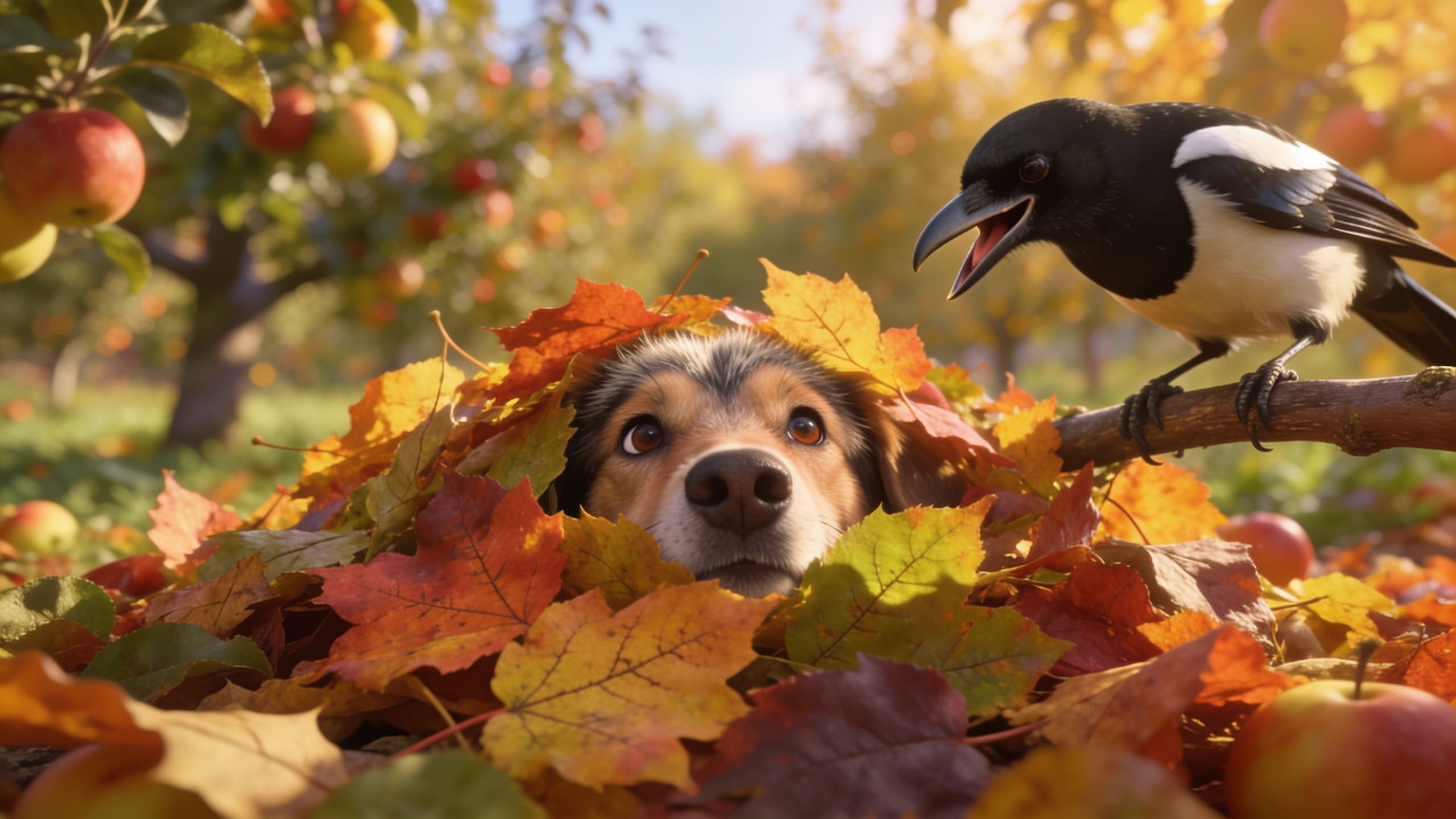 a young dog hidden in a heap of leaves