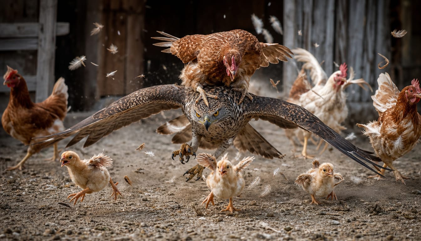 a hawk with a hen on his back