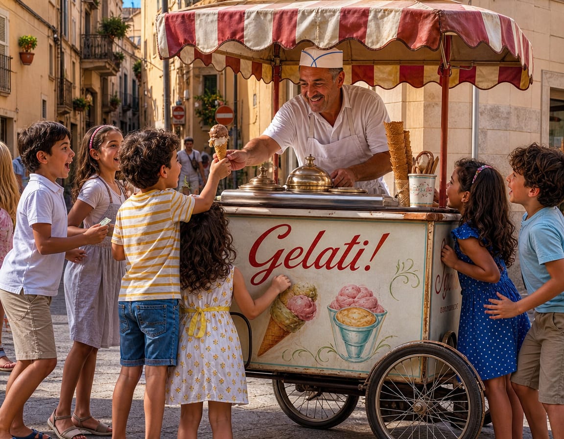 Italian icecream-cart surrounded by children