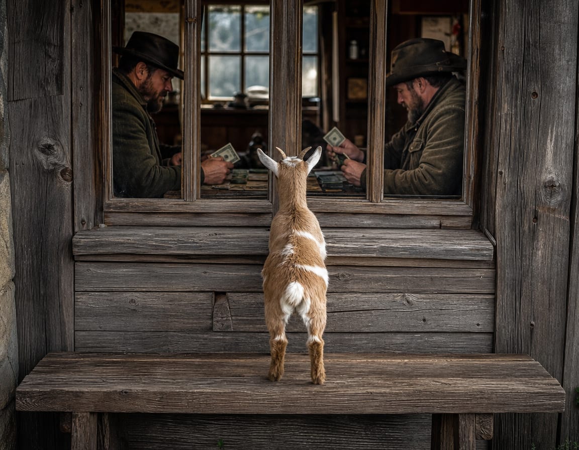 a young goat watching men through a window