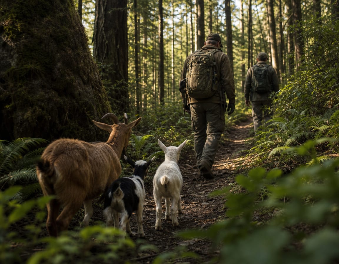three goats following two men in the forest