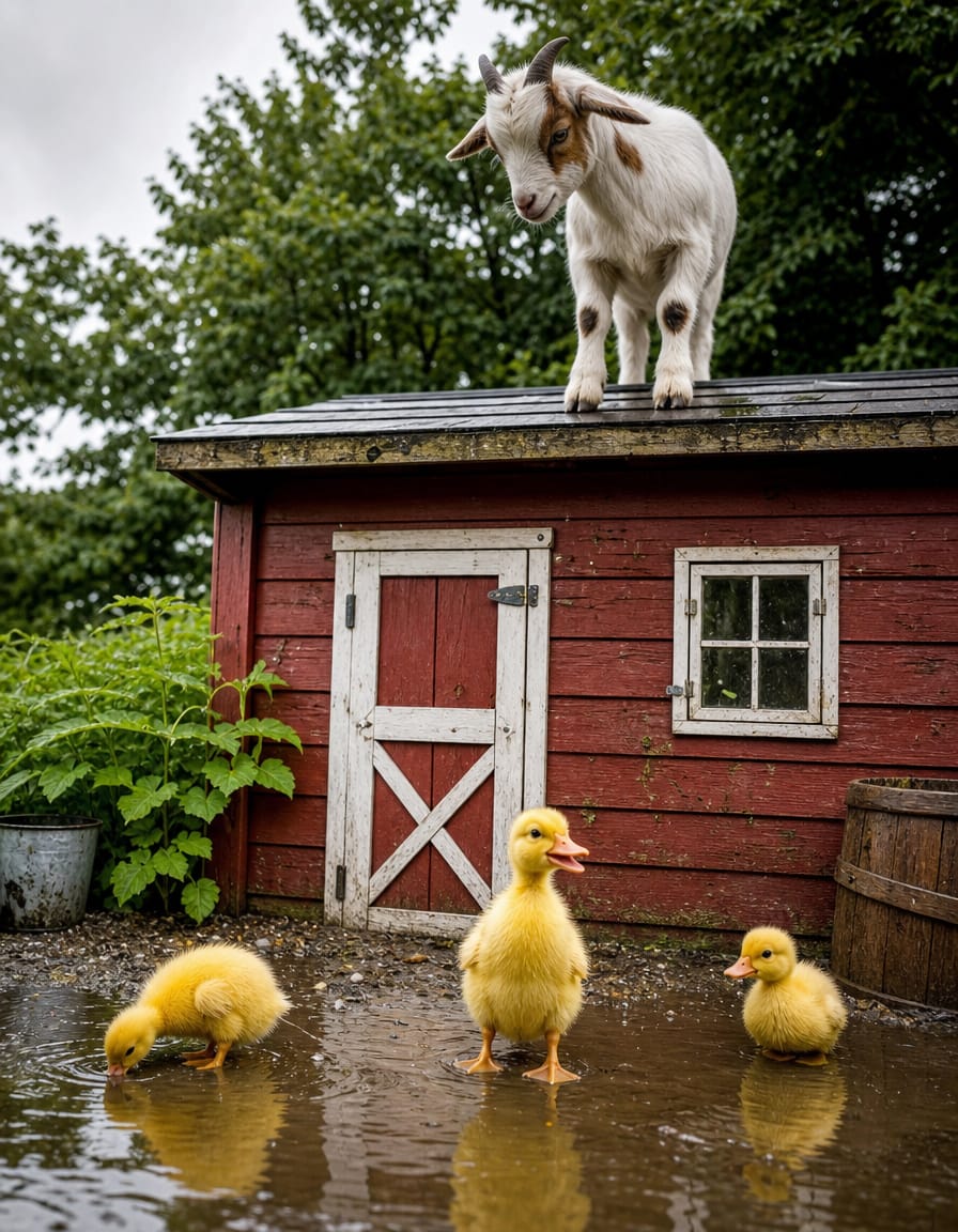 a cute goaty watching ducklings in a puddle from top of a garden hut