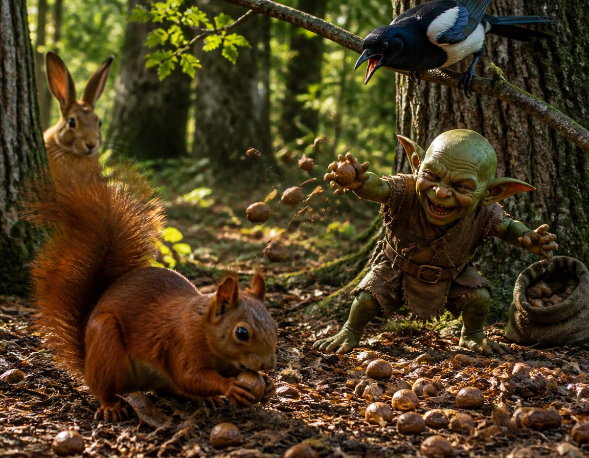 a goblin throwing nuts and twig on a squirrel