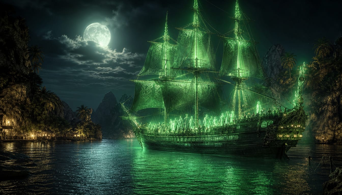 a green glowing sailing ship in a moonlit bay