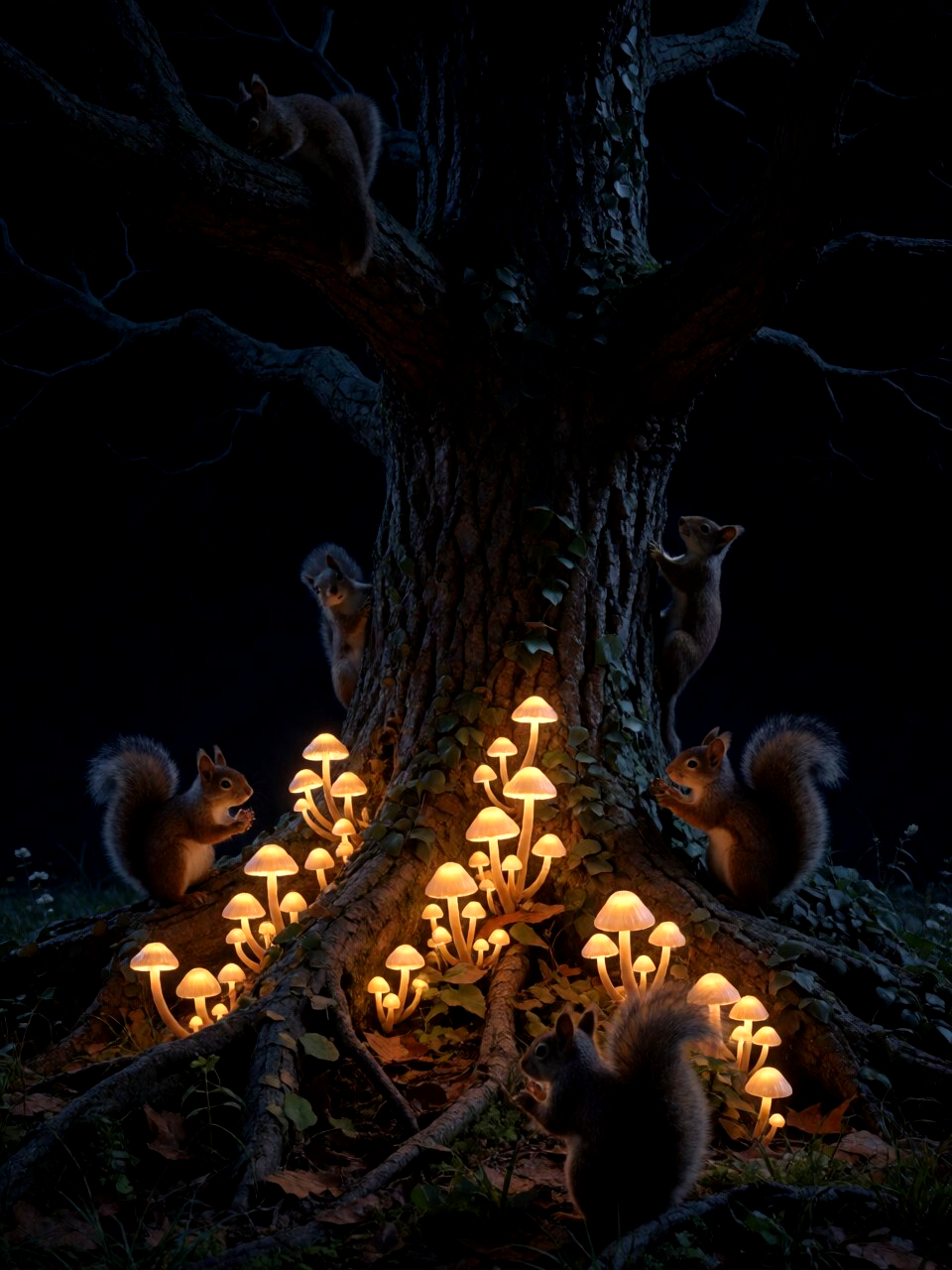 a glowin tree in a forest with lighted mushroom on its roots