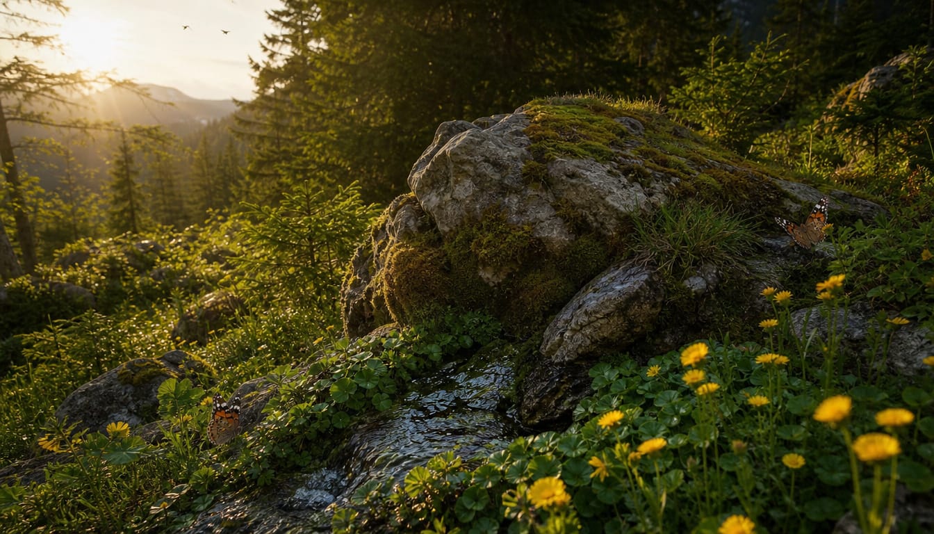a tiny spring on a high mountain in a forest