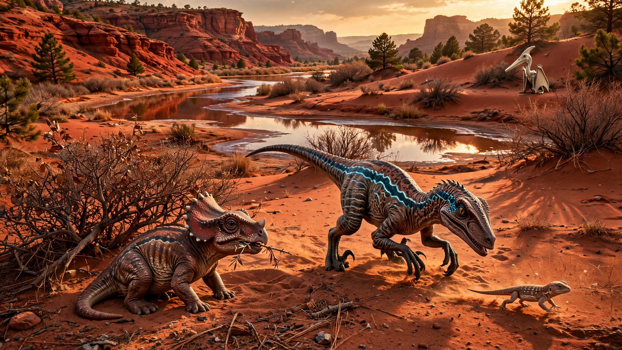 veliceraptor hunts a lizard,
 protoceratops munches a twig