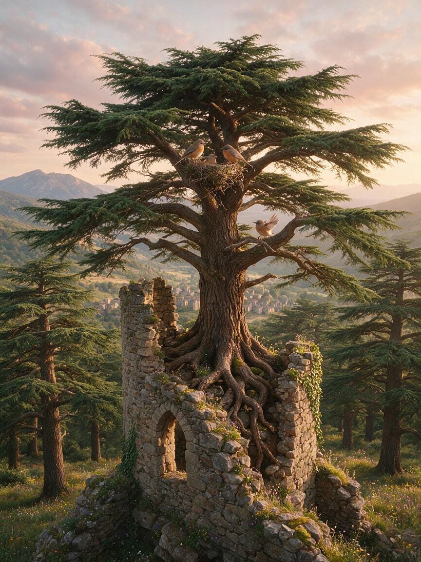 a cedar growing out of the ruins of a tower