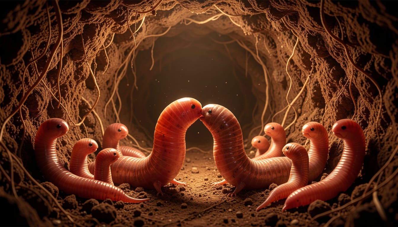 two kissing eathworms and their kids in an earthtunnel